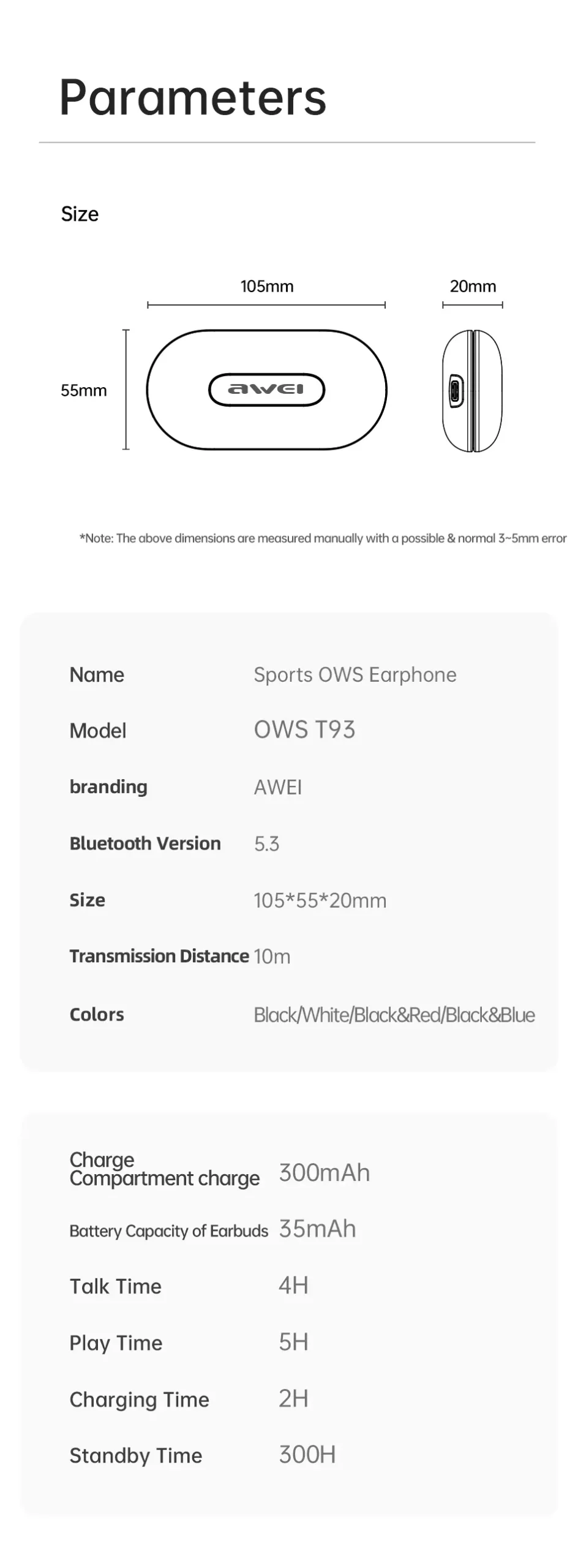 Awei OWS T93 Open Bluetooth Headset parameters