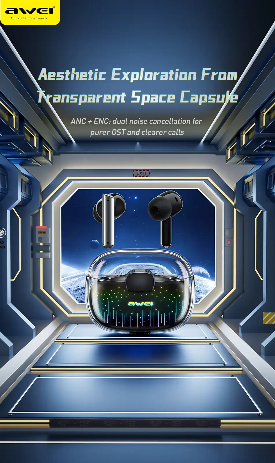 Awei T52 ANC Gaming Earbuds Transparent design