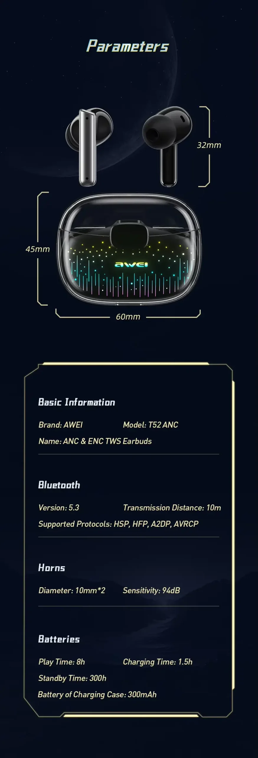 Awei T52 Earbuds specs and parameters