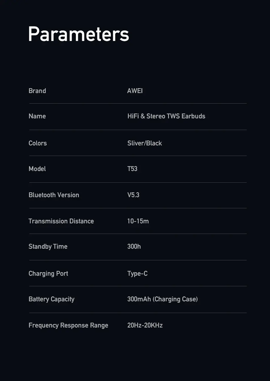 Awei T53 ANC Earbuds technical specs