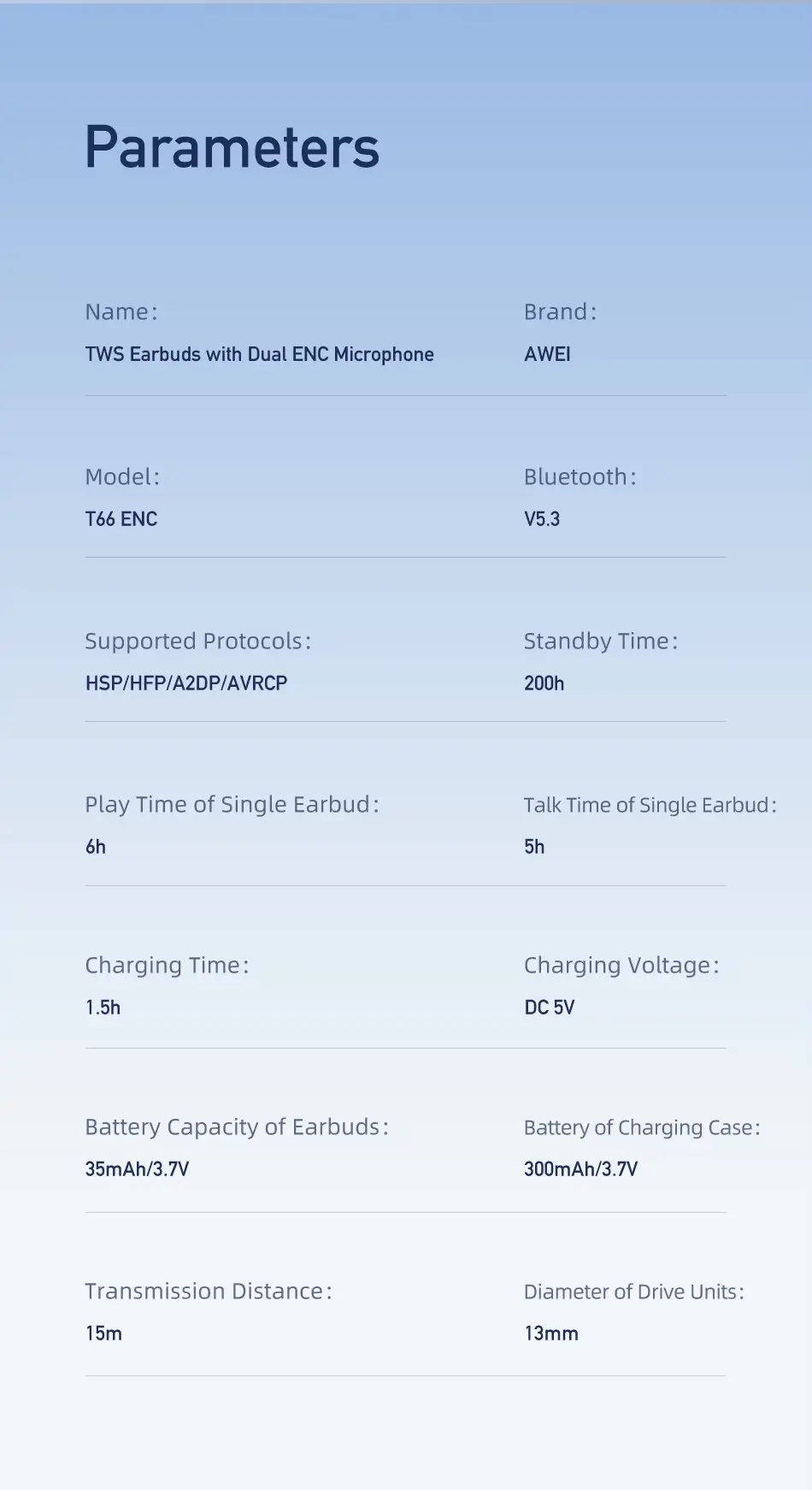 Awei T66 Earbuds parameters
