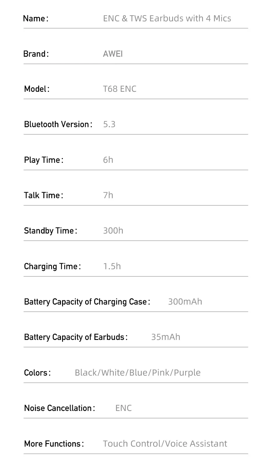 Awei T68 ENC Bluetooth Headset specifications