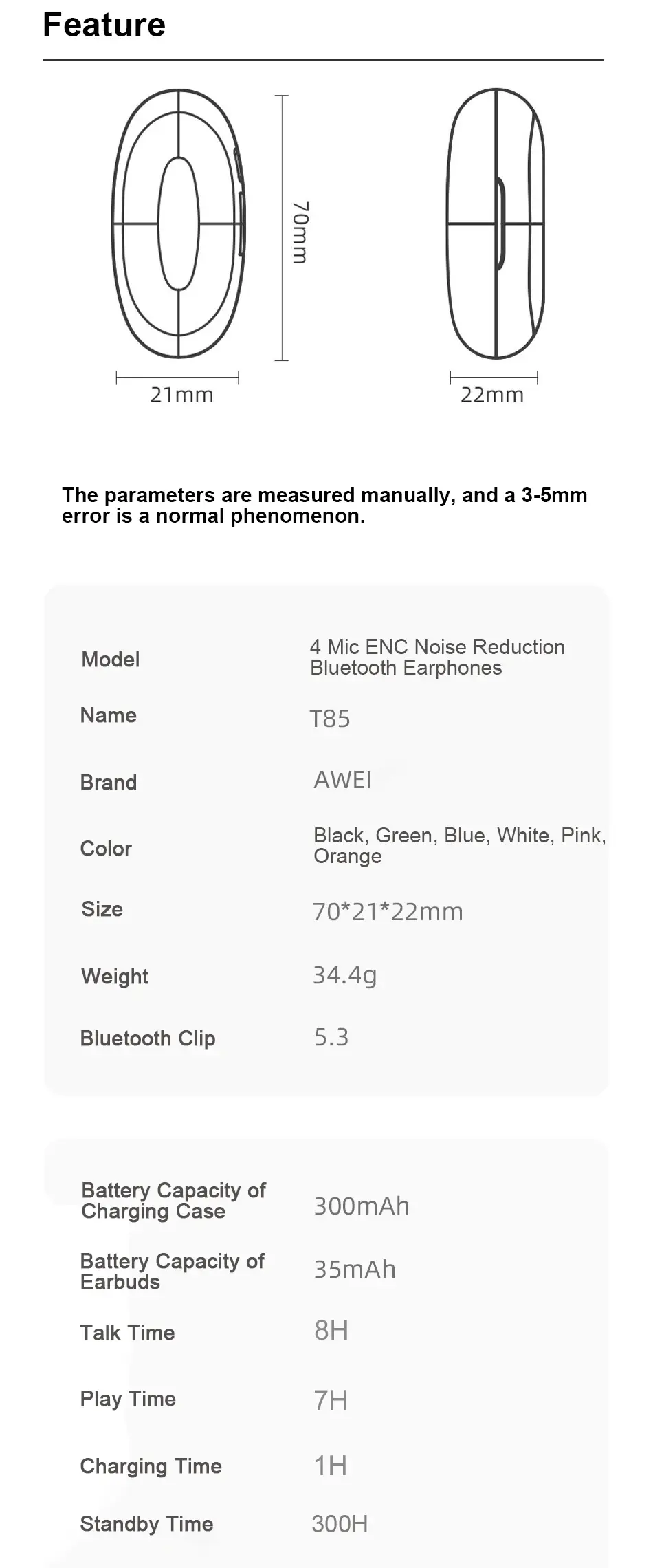 Awei T85 ENC TWS Earbuds detailed specs