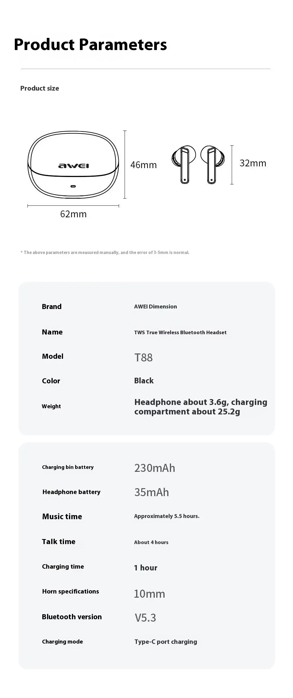 Awei T88 Earbuds all core features