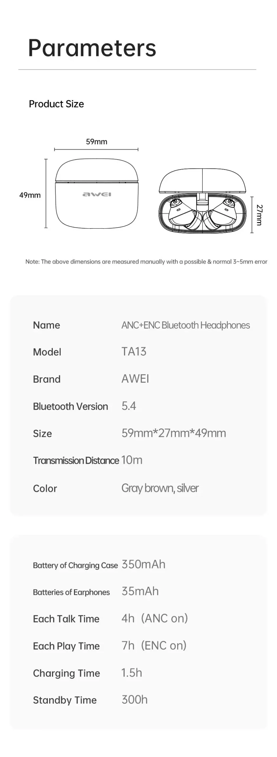 Awei TA13 ANC Earbuds parameters