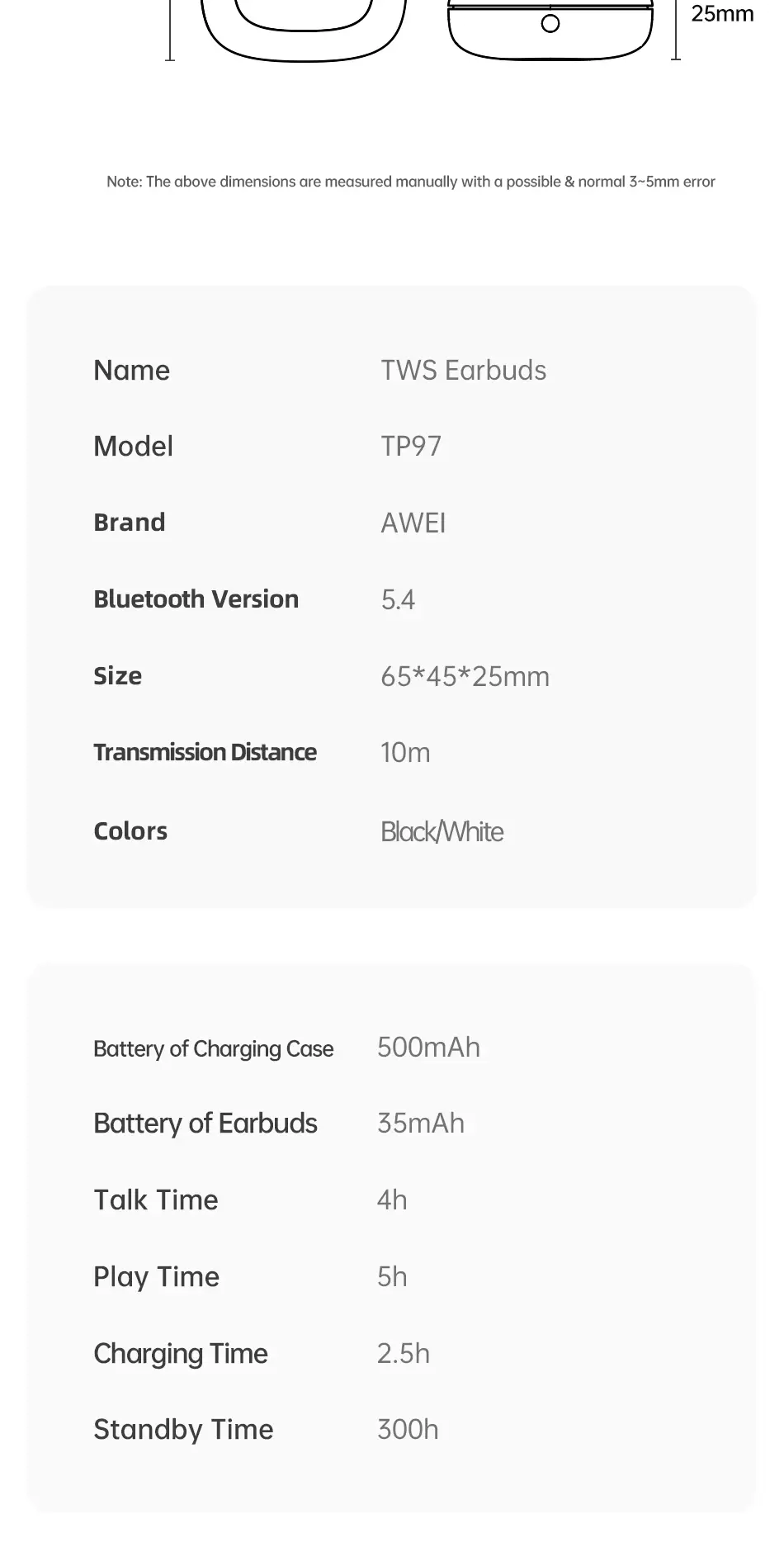 Awei TP97 technical specs
