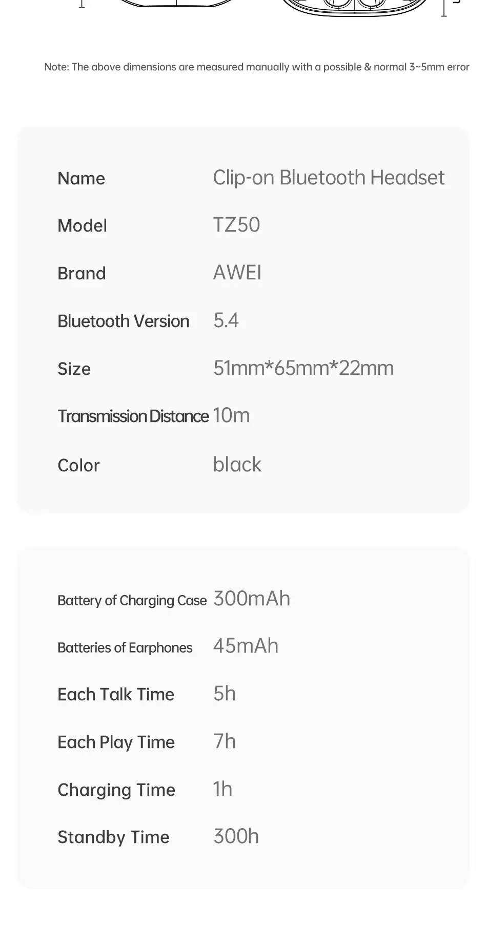 Awei TZ50 Ear Clips specs