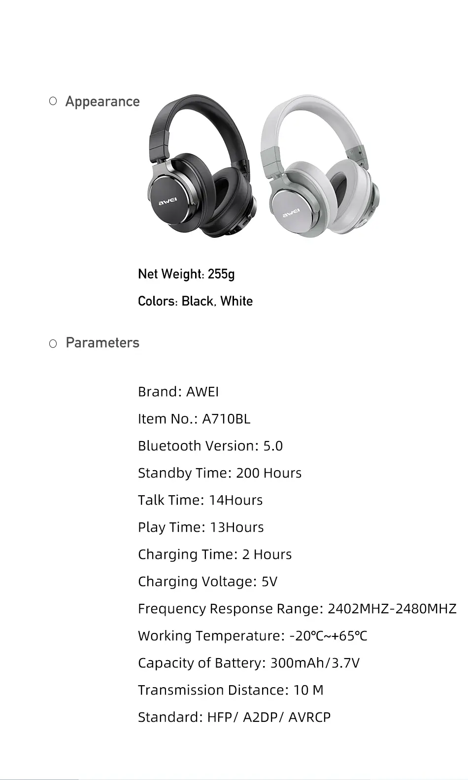 Awei A710BL ANC Noise Cancellation Headphone parameters