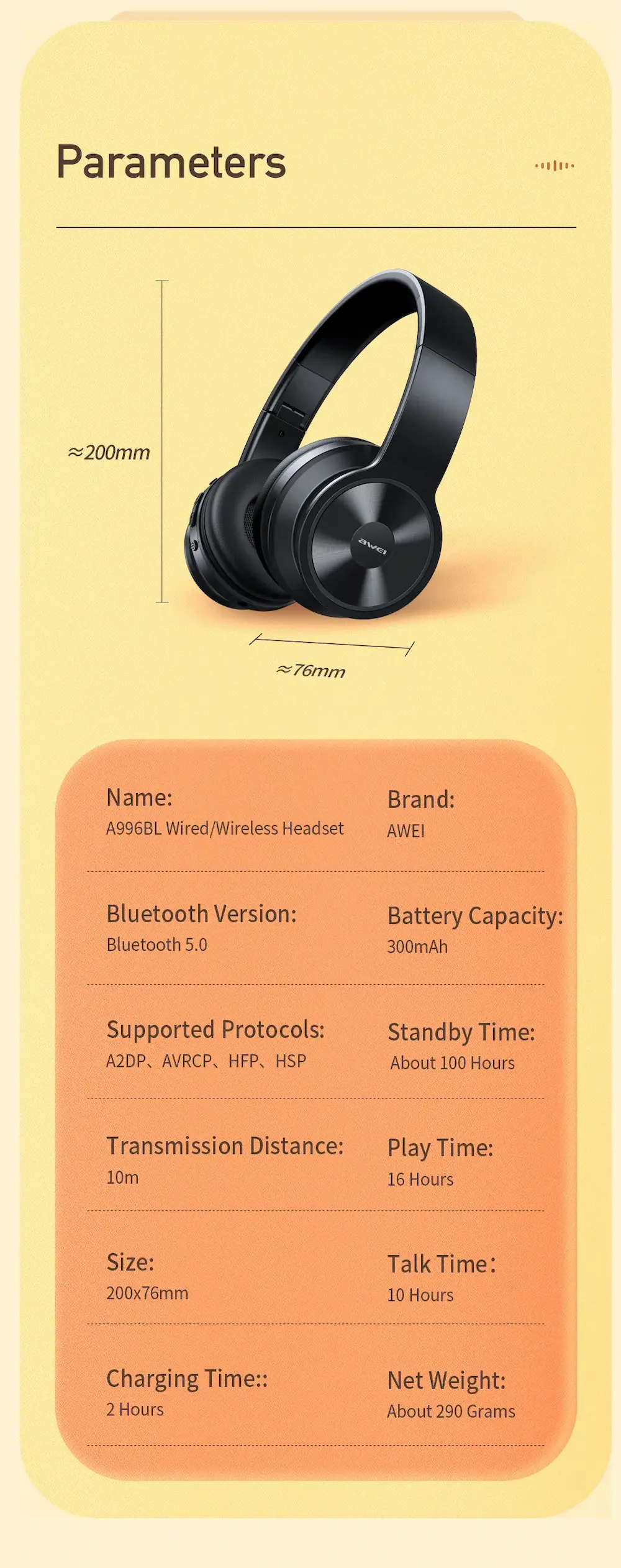 Awei A996BL Bluetooth Over-Ear Headphone parameters