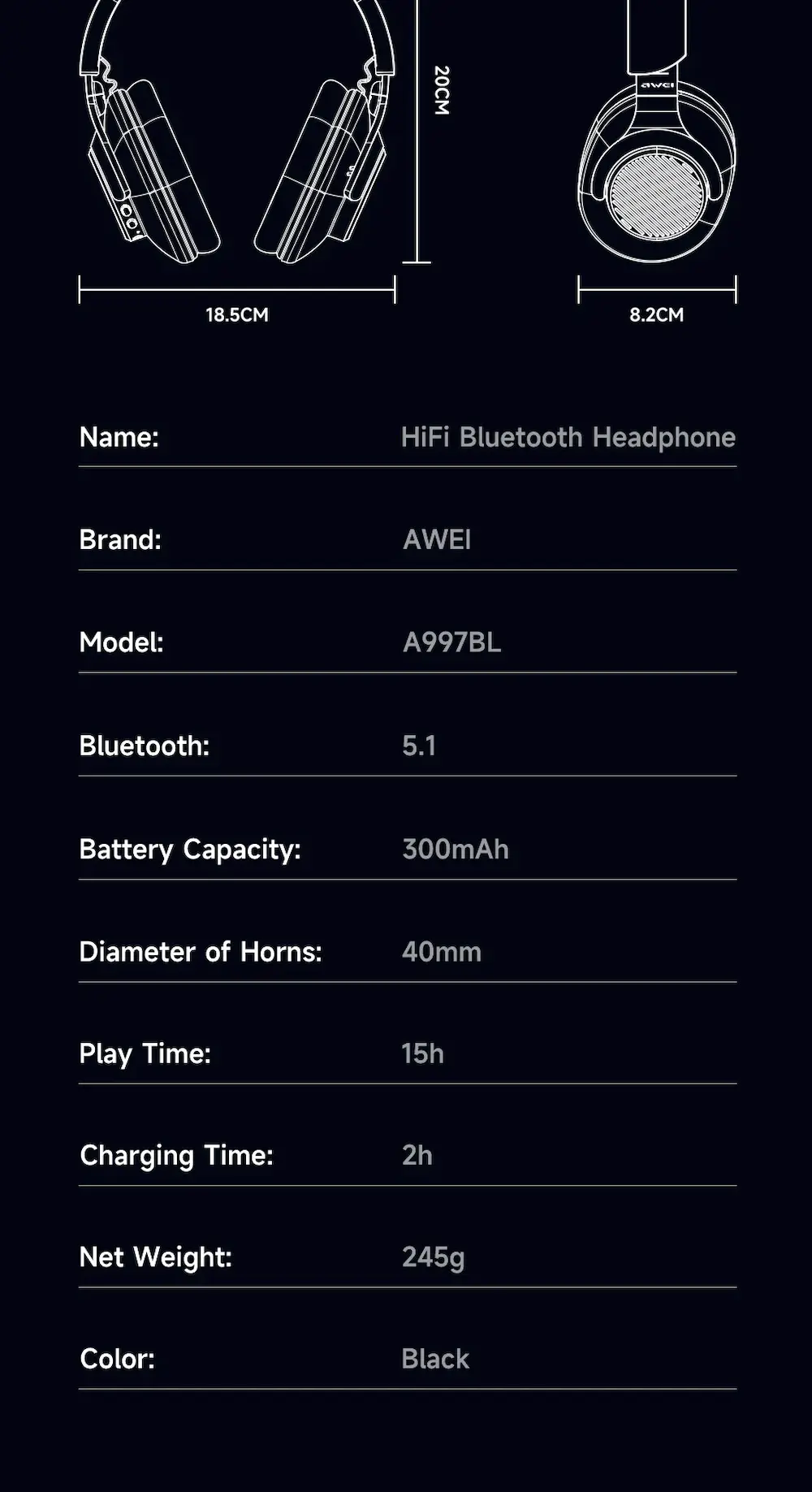 Awei A997BL Headphone parameters