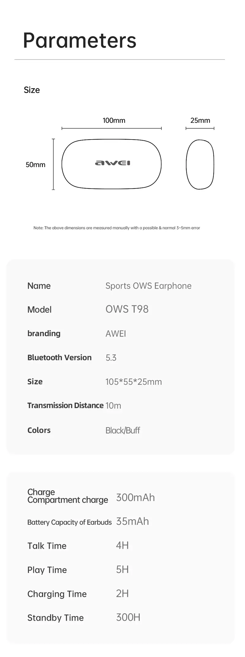 Awei OWS T98 Ear-hook technical specs
