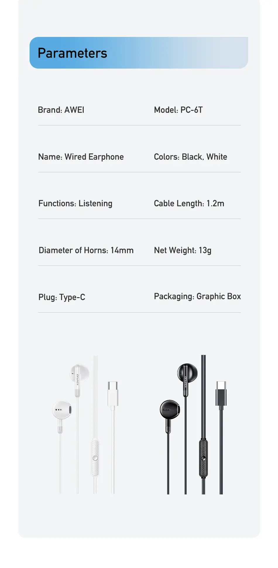 Awei PC-6T Type-C Wired Earphones parameters