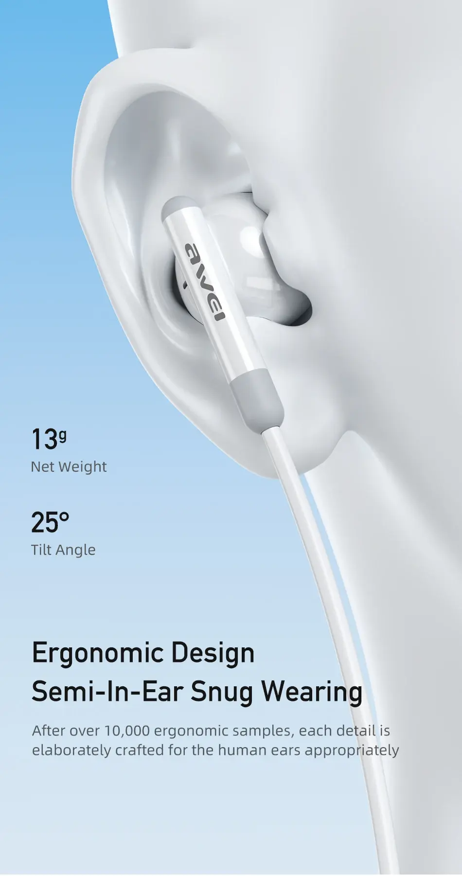 Awei PC-6T Type-C Wired Earphones perfectly fit in ears