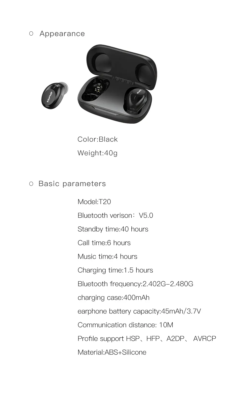 Awei T20 Earphones touch specs