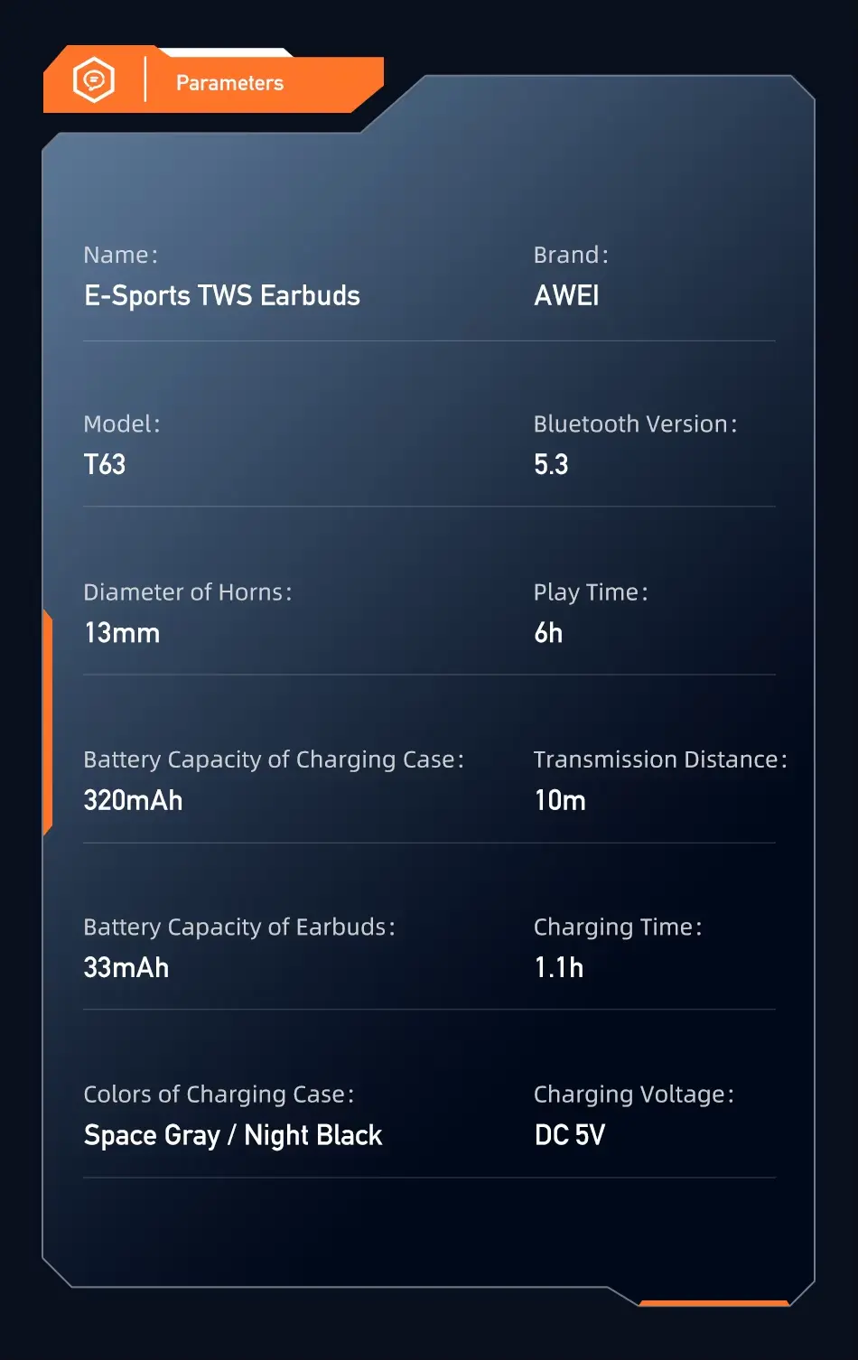 Awei T63 Earbuds for Gammers parameters