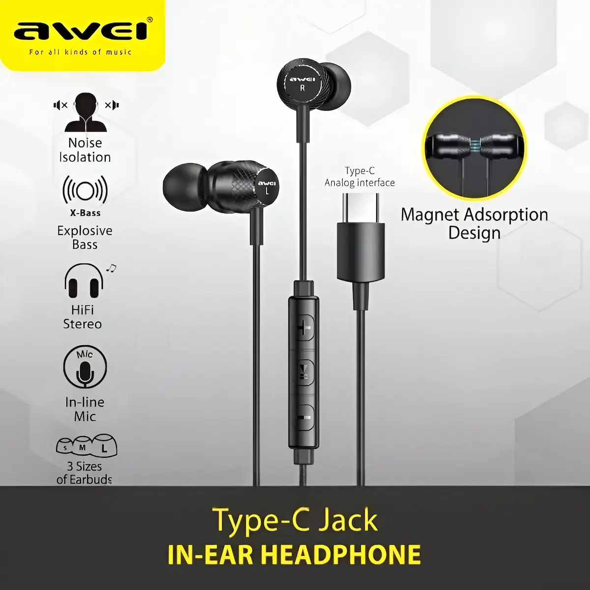 Awei TC-5 USB Type C Wired Earphone features