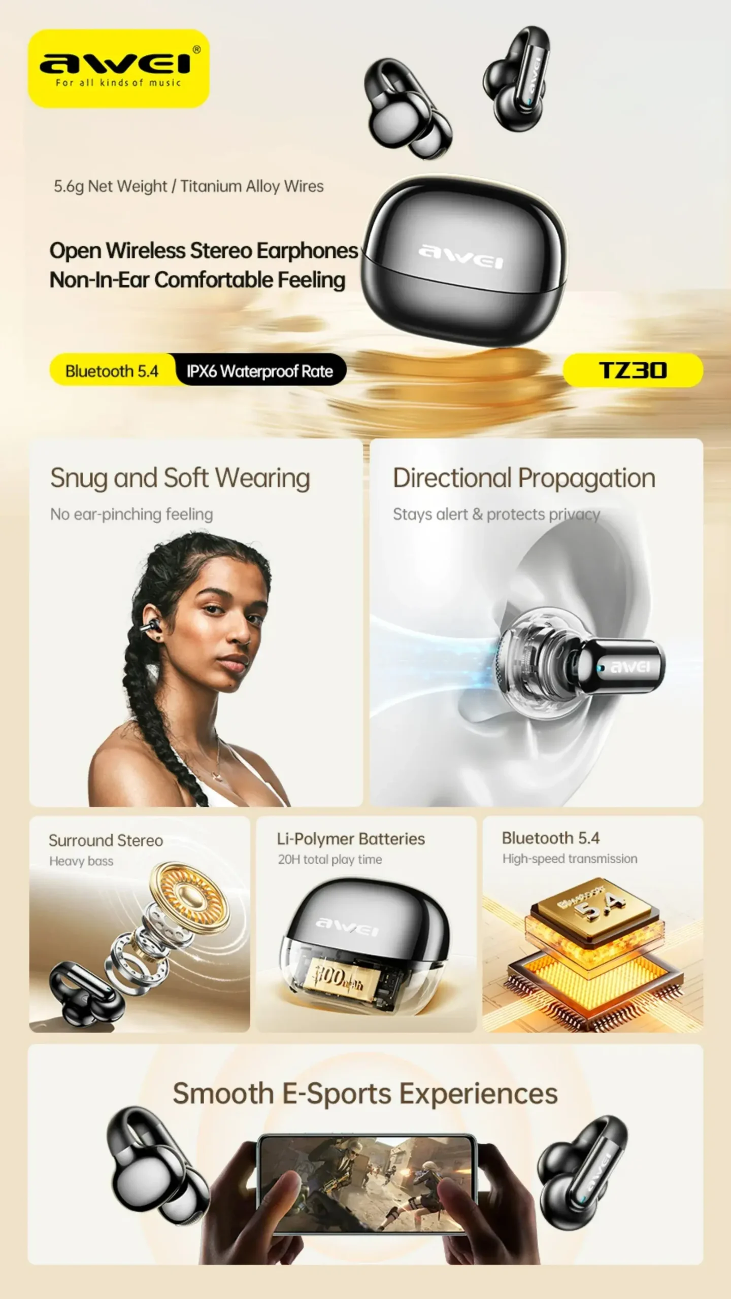 Awei TZ30 Ear Clip Earphones features