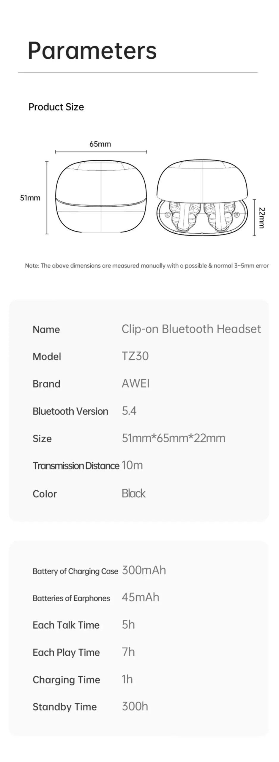 Awei TZ30 Ear Clip parameters