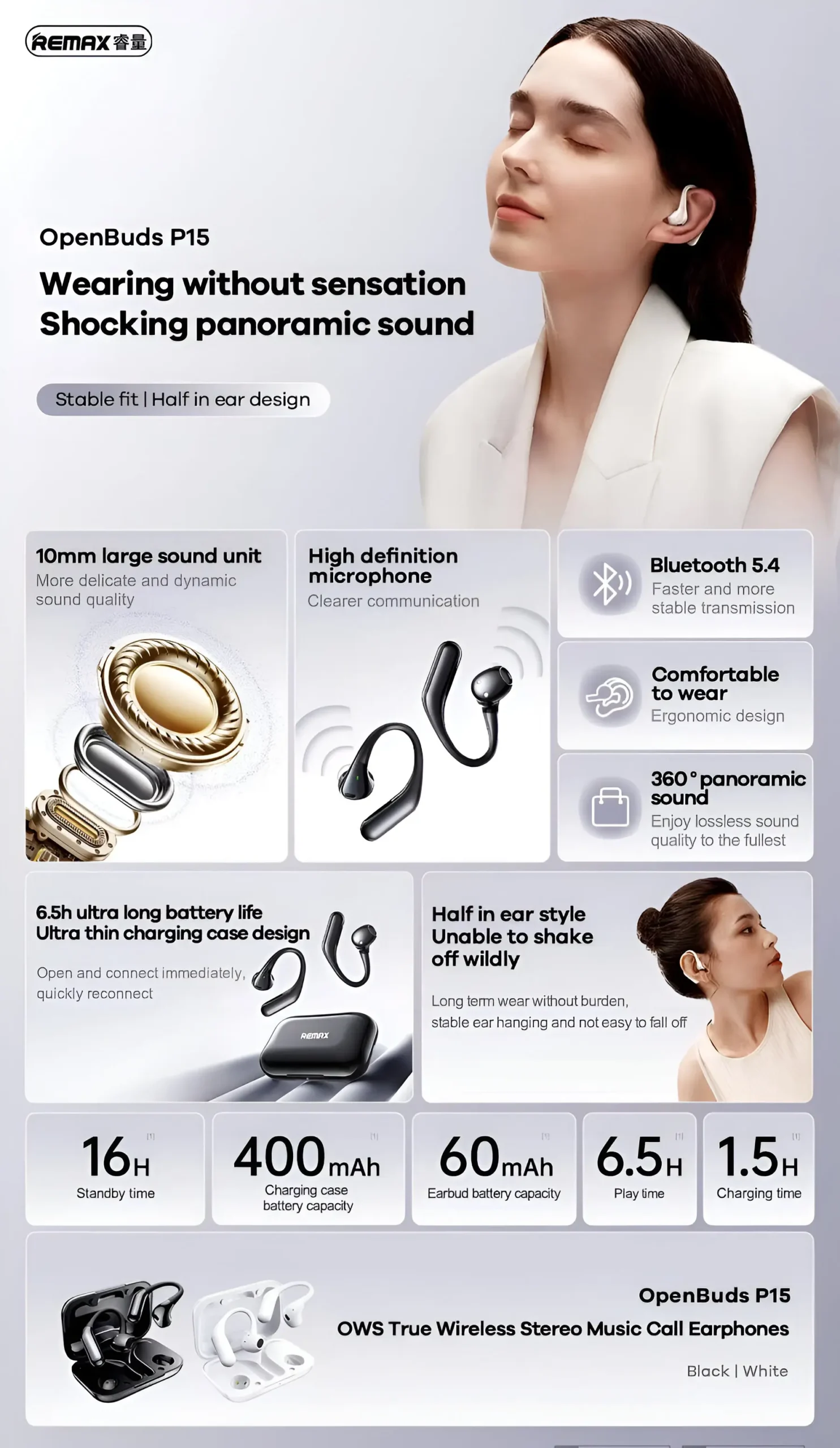 REMAX OpenBuds P15 earphones specs chart