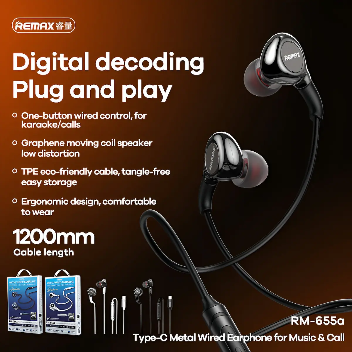 Remax Type-C Metal Wired Earphone RM-655a all features