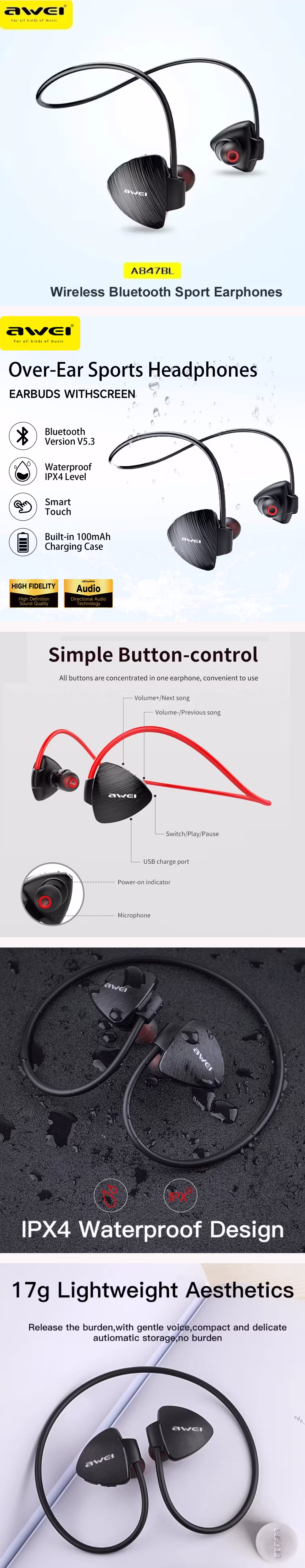 Awei A847BL Wireless Sport Earphones infographics