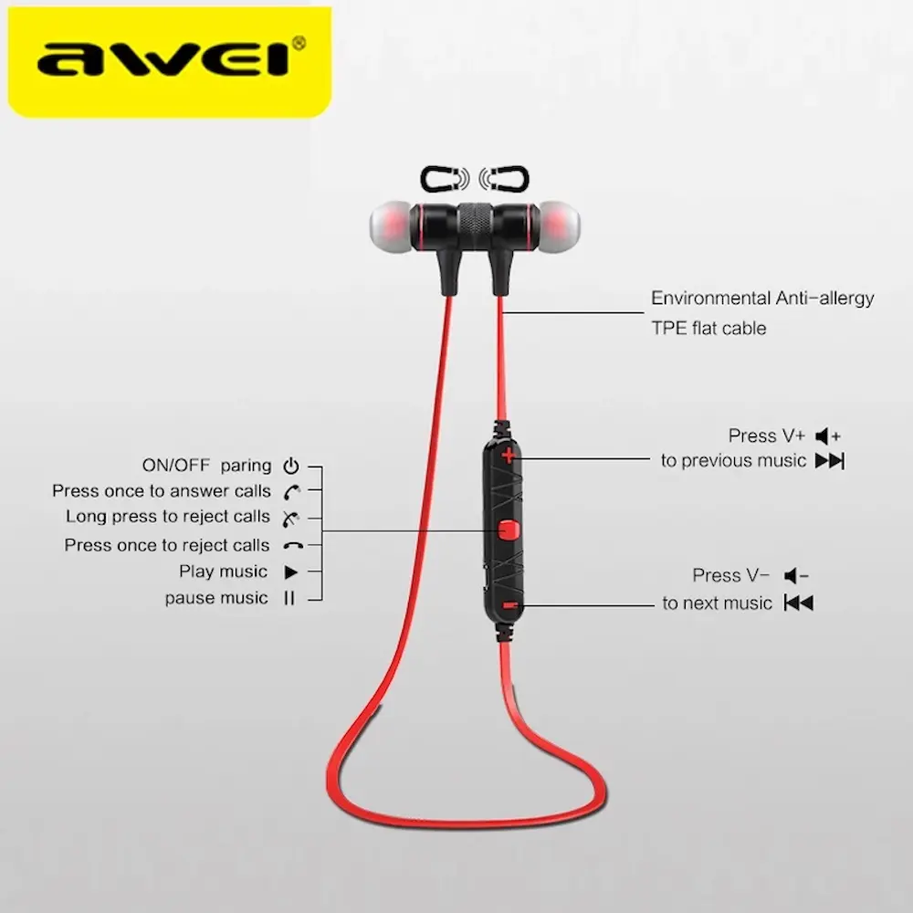 Awei A920BL Bluetooth Wireless Earphone playback controls