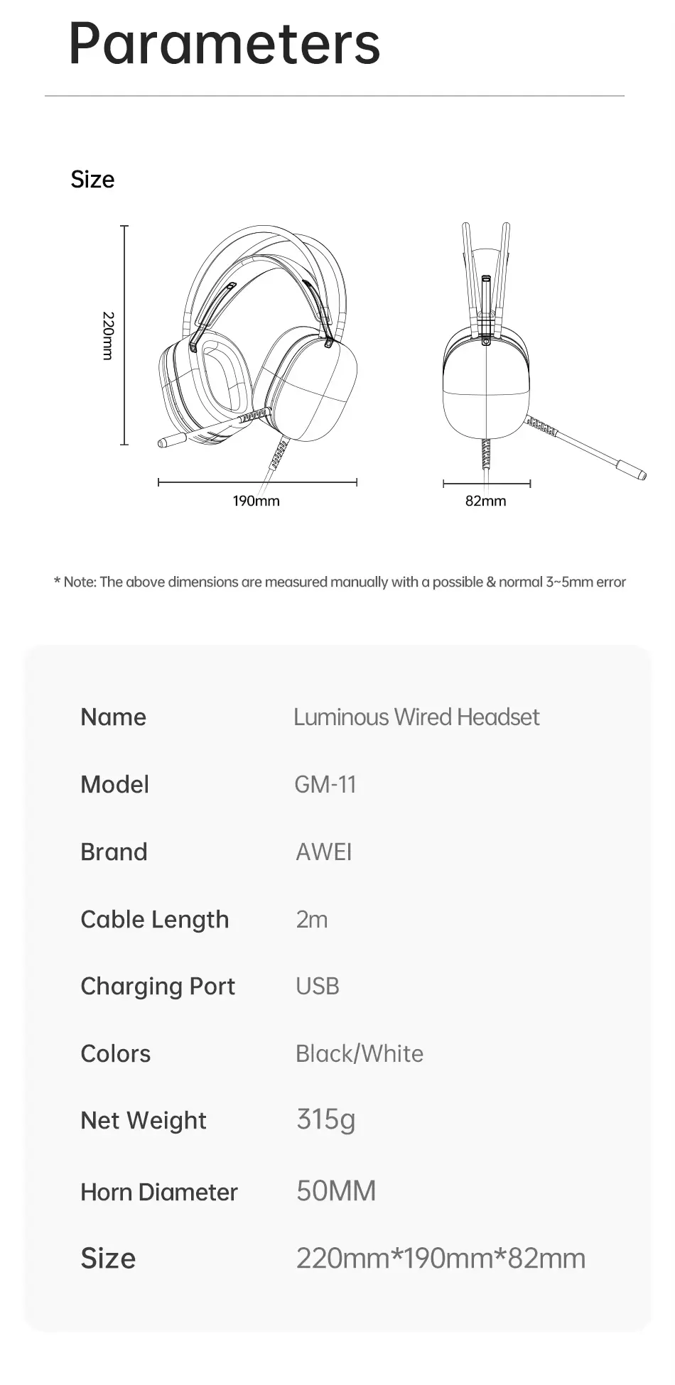 Awei GM-11 Wired Gaming Headset parameters