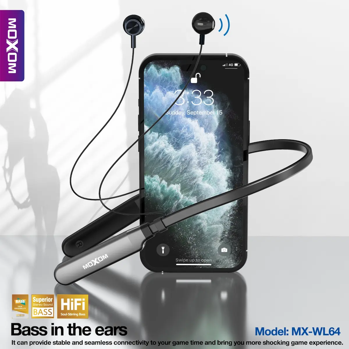 Moxom MX-WL64 Magnetic Wireless Neckband ear in the bass