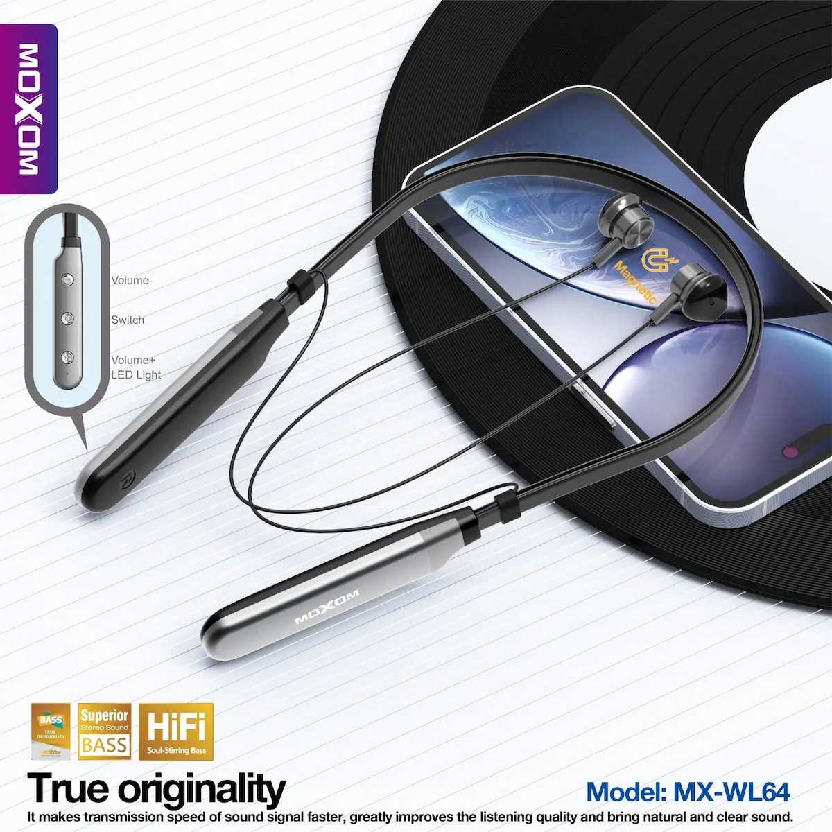 Moxom MX-WL64 Wireless Magnetic Neckband true wireless