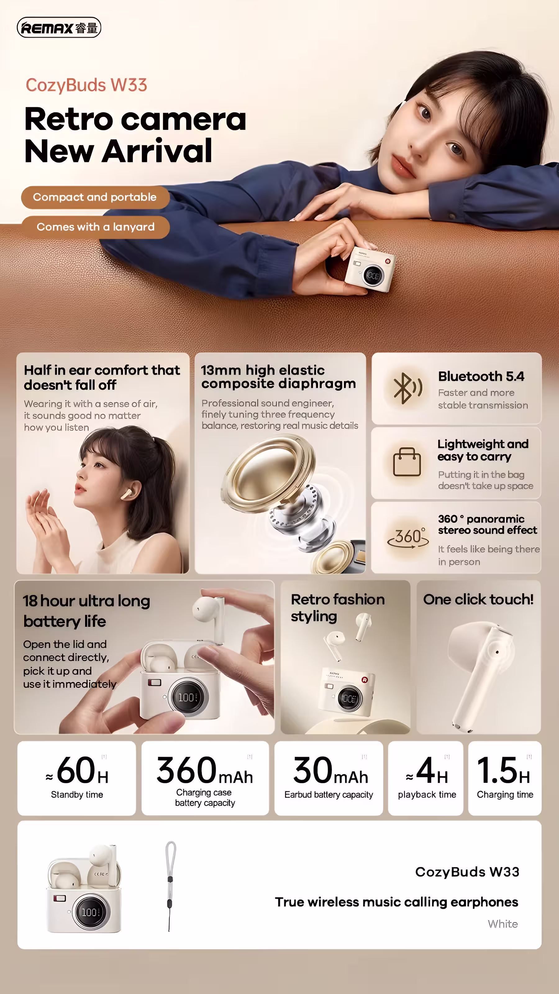 REMAX CozyBuds W33 Retro Camera Earbuds infographics