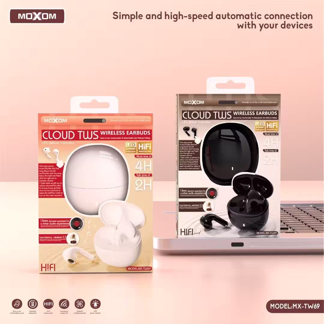 Moxom MX-TW69 Cloud TWS Wireless Earbuds auto connection touch controls box
