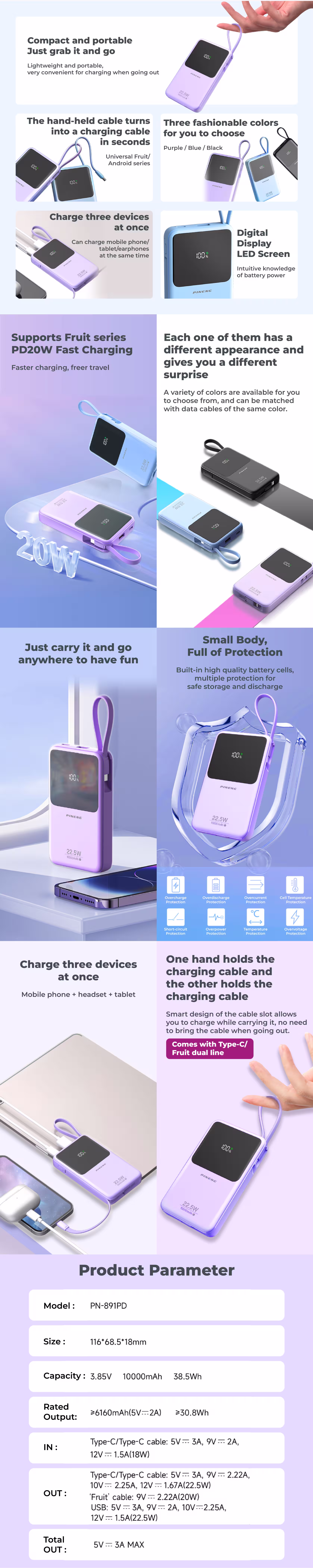 Pineng PN-891 PD 10000mAh Fast Charging Power Bank infographics