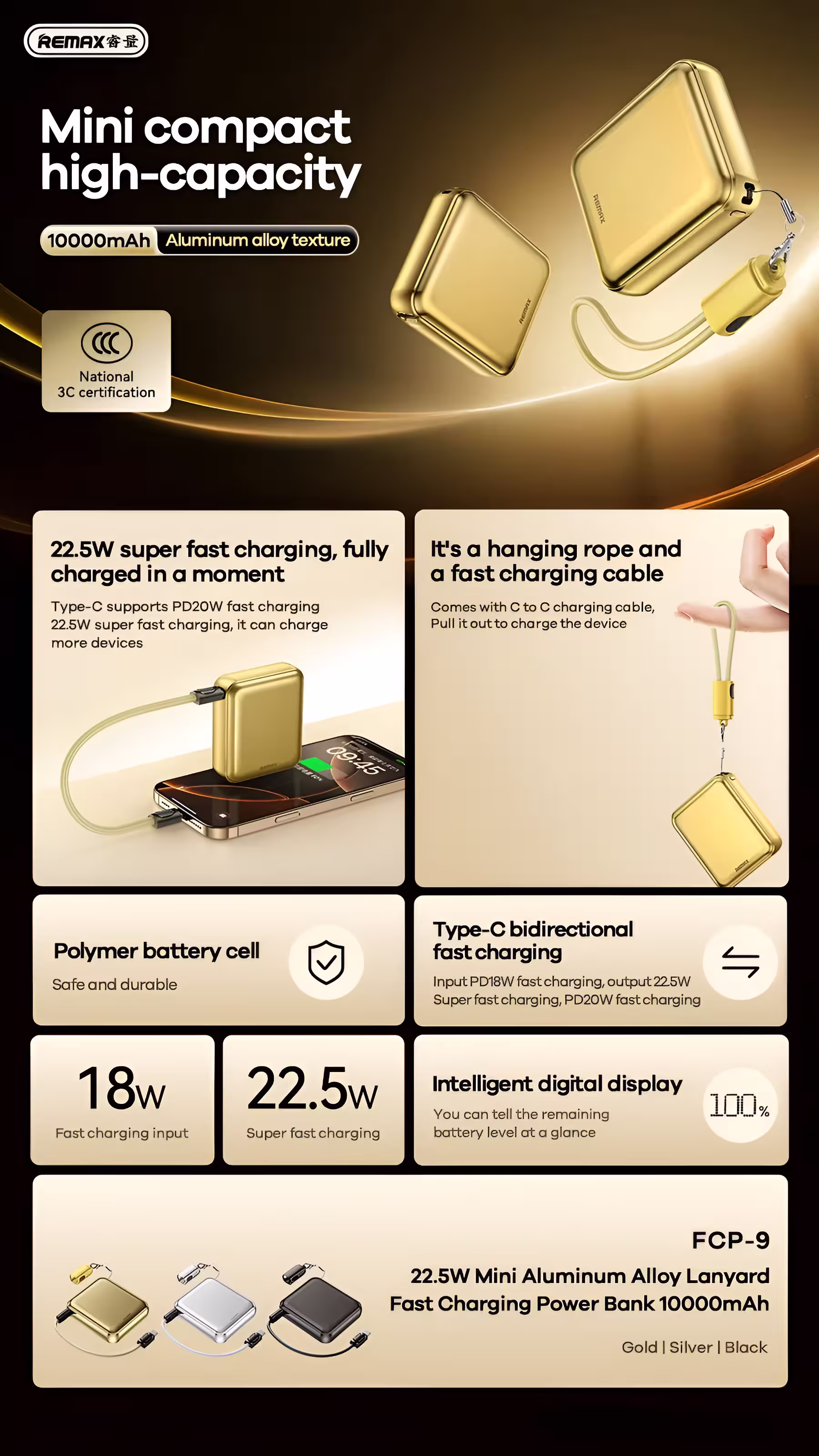 Remax FCP-9 10000mAh Mini Portable Power Bank infographics