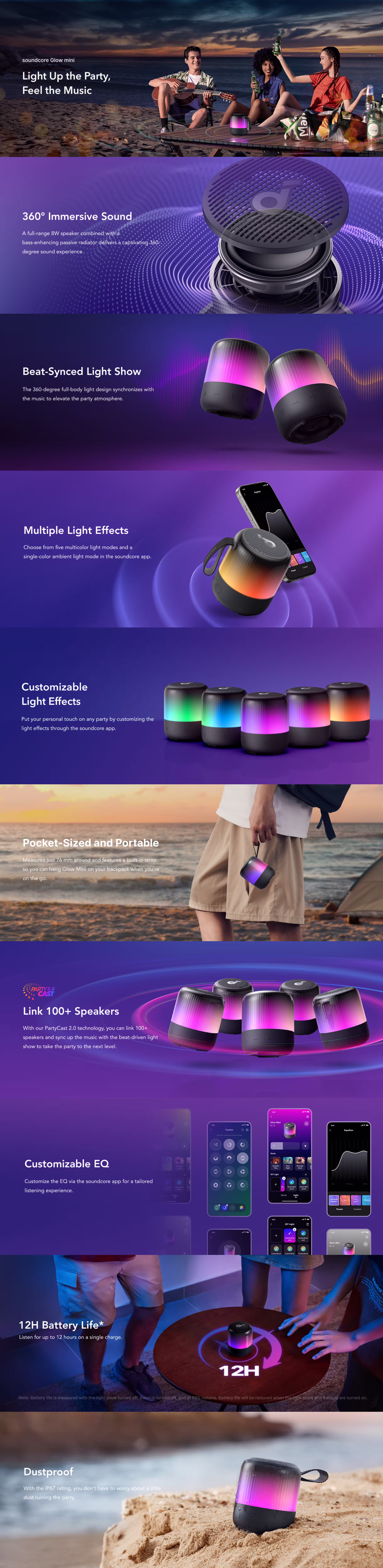 Anker Soundcore Glow Mini Portable Bluetooth Speaker infographics