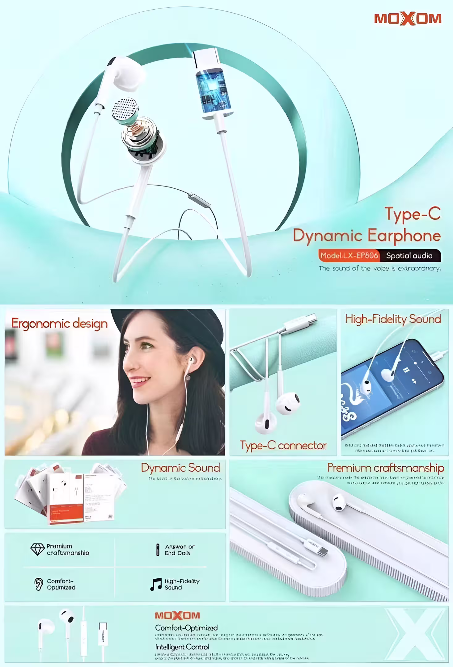 Moxom LX-EP806 Type-C Earphones infographics